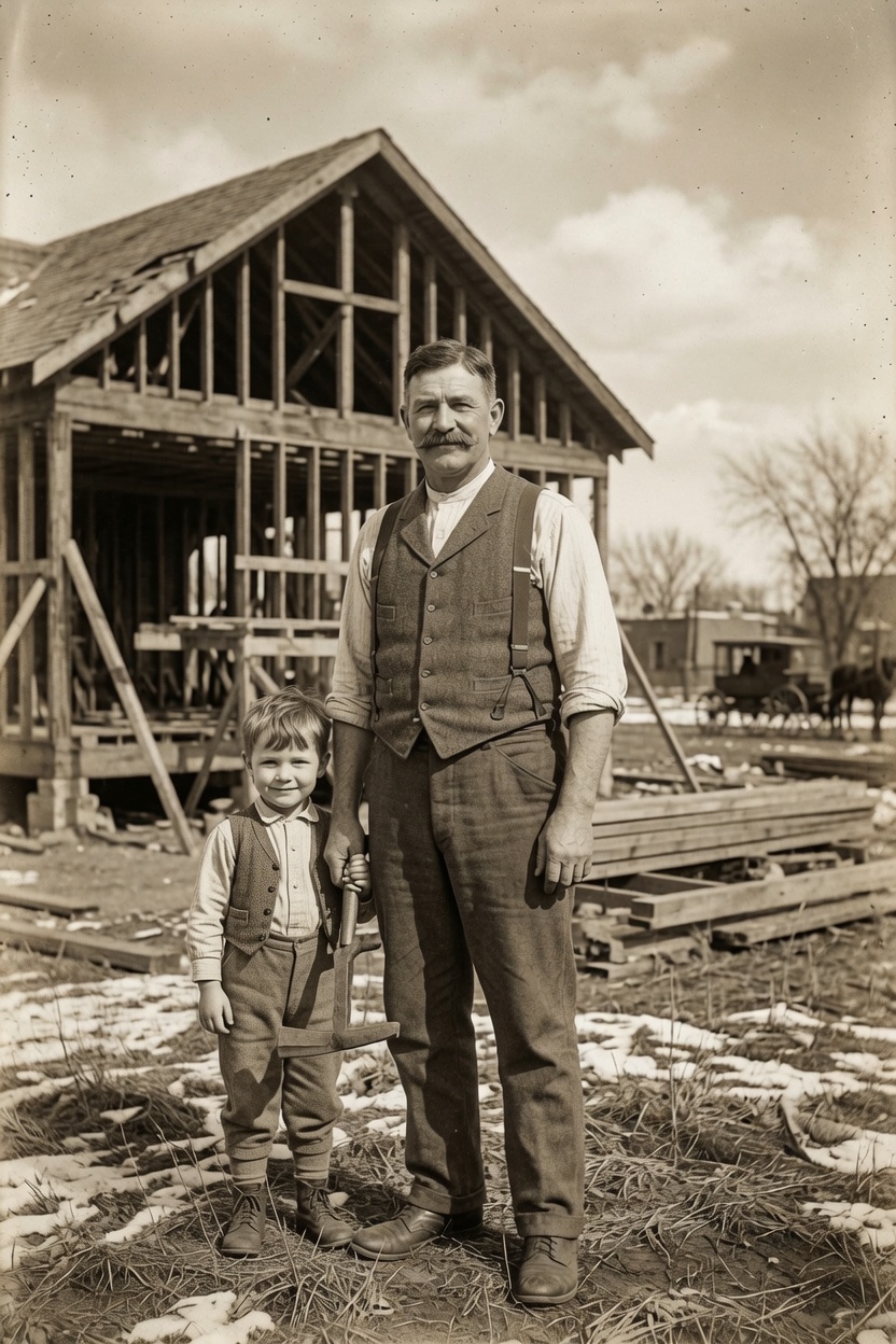A Kuhn craftsman and his son in front of a house under construction, early 1900s