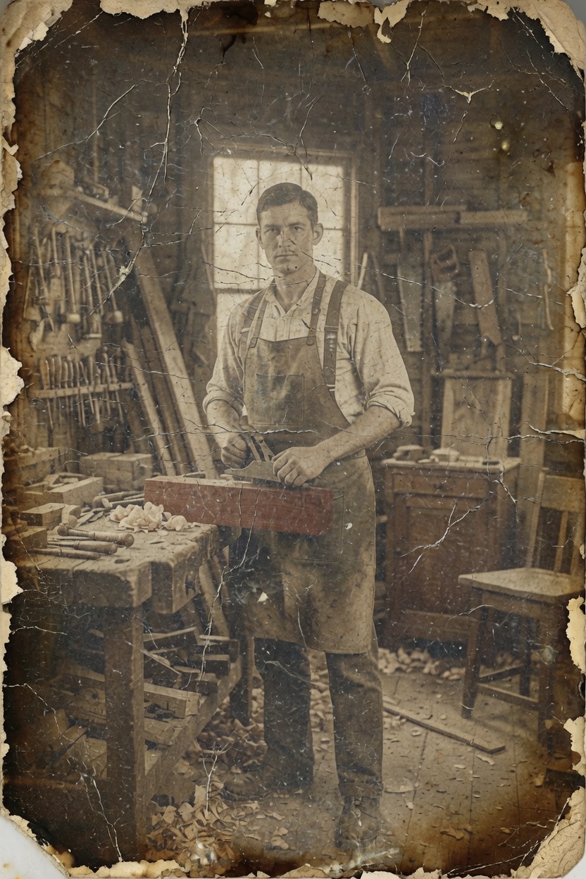 A Kuhn craftsman in his woodworking workshop, founding generation